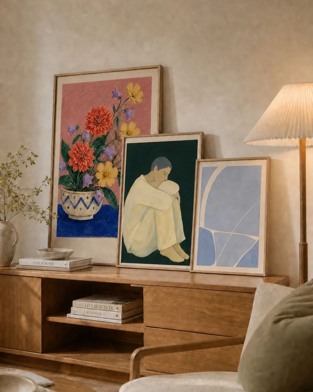 Three framed art posters with floral and abstract prints styled on a wooden sideboard in a warm living room