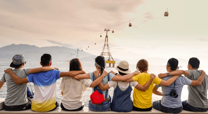 Group of friends with arms around each other on a trip, made into a photo poster keepsake