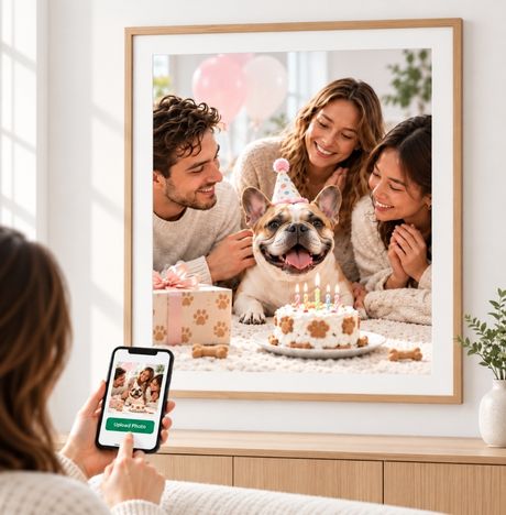 Custom pet photo poster displayed as meaningful wall art