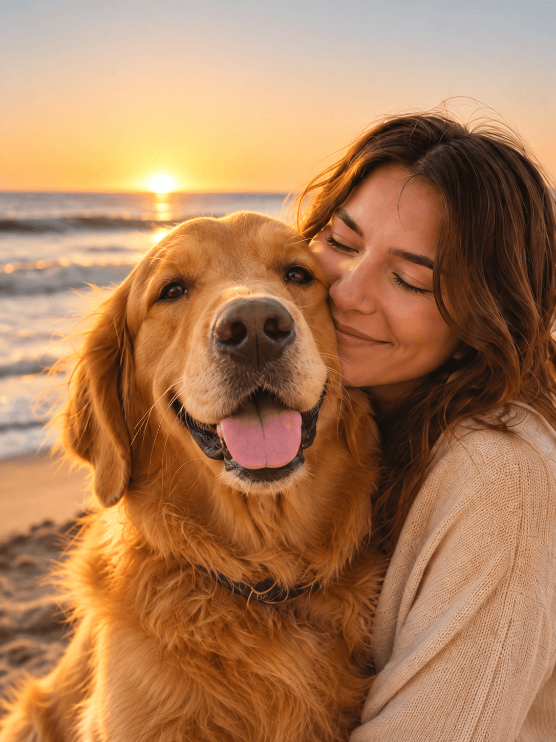 Woman hugging her happy golden retriever on the beach at sunset, a favorite photo made into a poster
