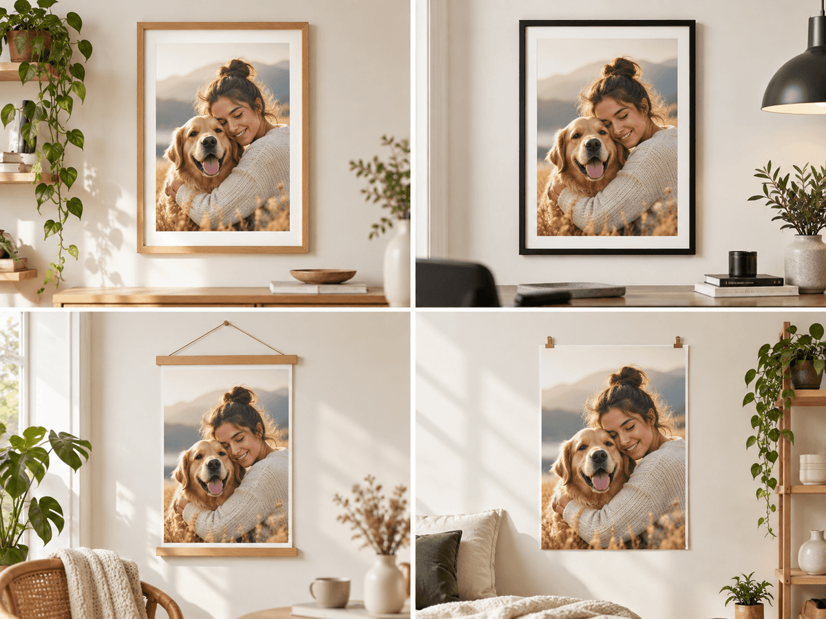 One poster shown with several display and framing options