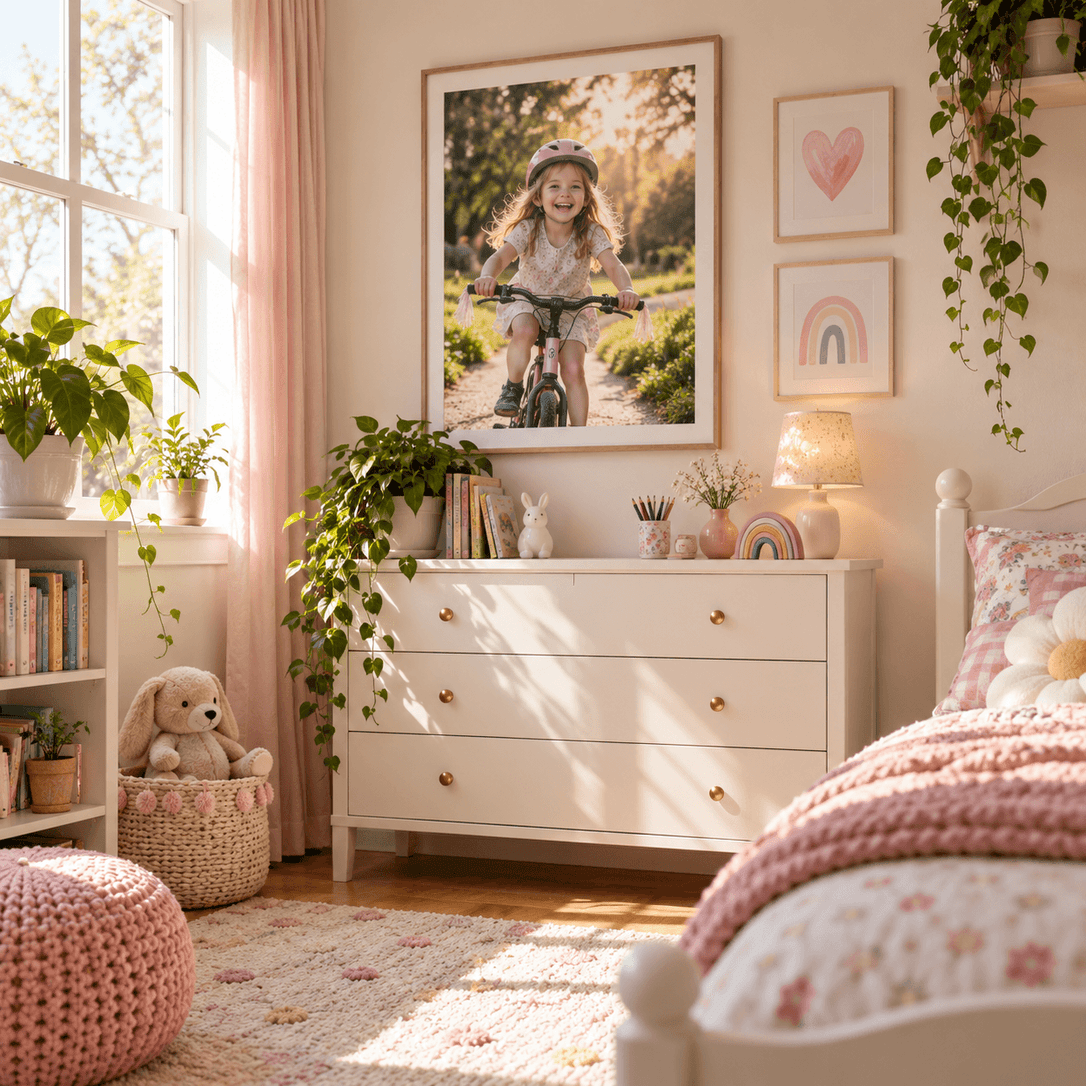 Framed photo poster of a smiling little girl riding her bike, hanging in a cozy pink kids bedroom