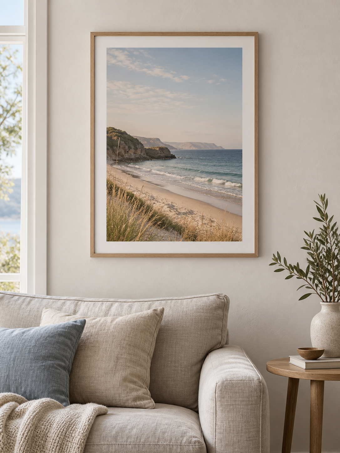 Framed coastal beach poster in a light oak frame hanging above a beige linen sofa in a bright living room